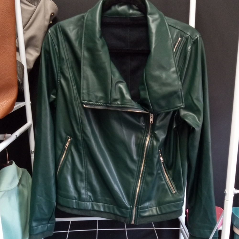 Dark Green Faux Leather Moto Jacket - Women